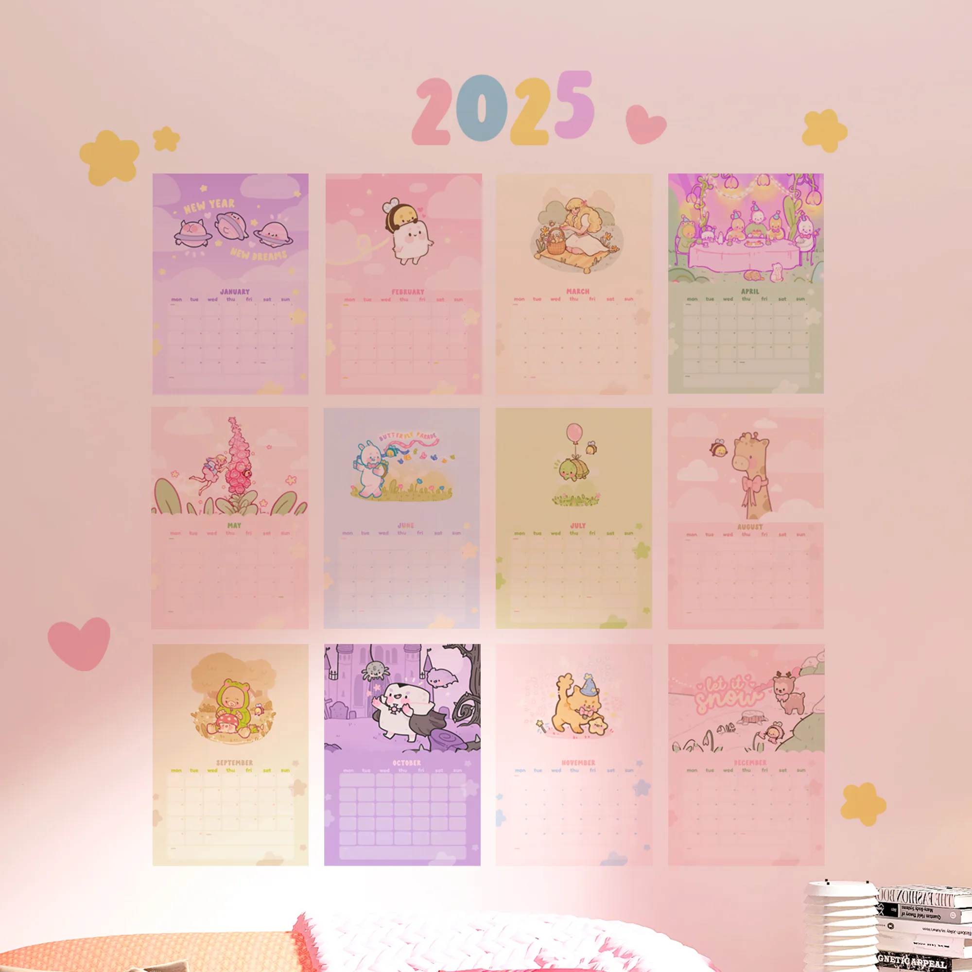 2025 Kawaii Katnipp Wall Calendar | A4 Prints with Cute Characters & Bonus Wall Decal | Pastel Desk or Wall Planner