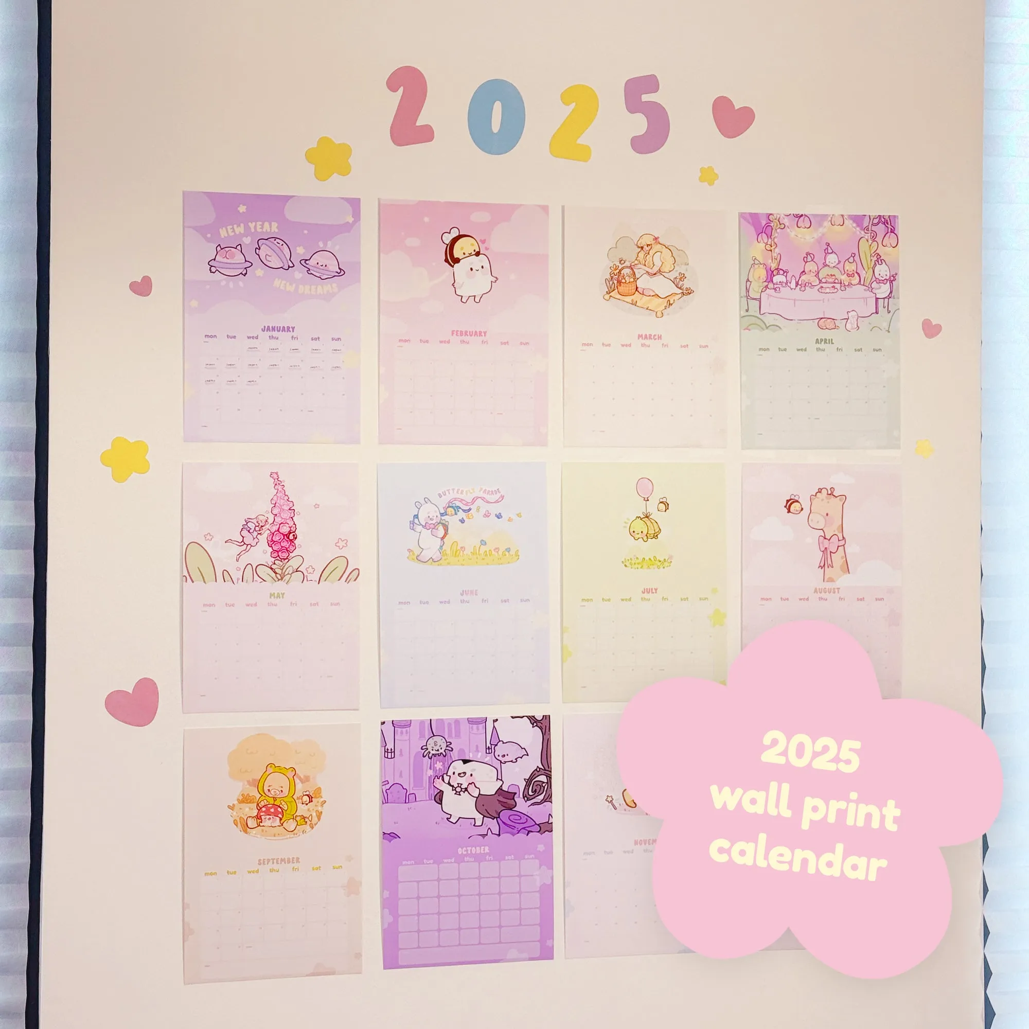 2025 Kawaii Katnipp Wall Calendar | A4 Prints with Cute Characters & Bonus Wall Decal | Pastel Desk or Wall Planner