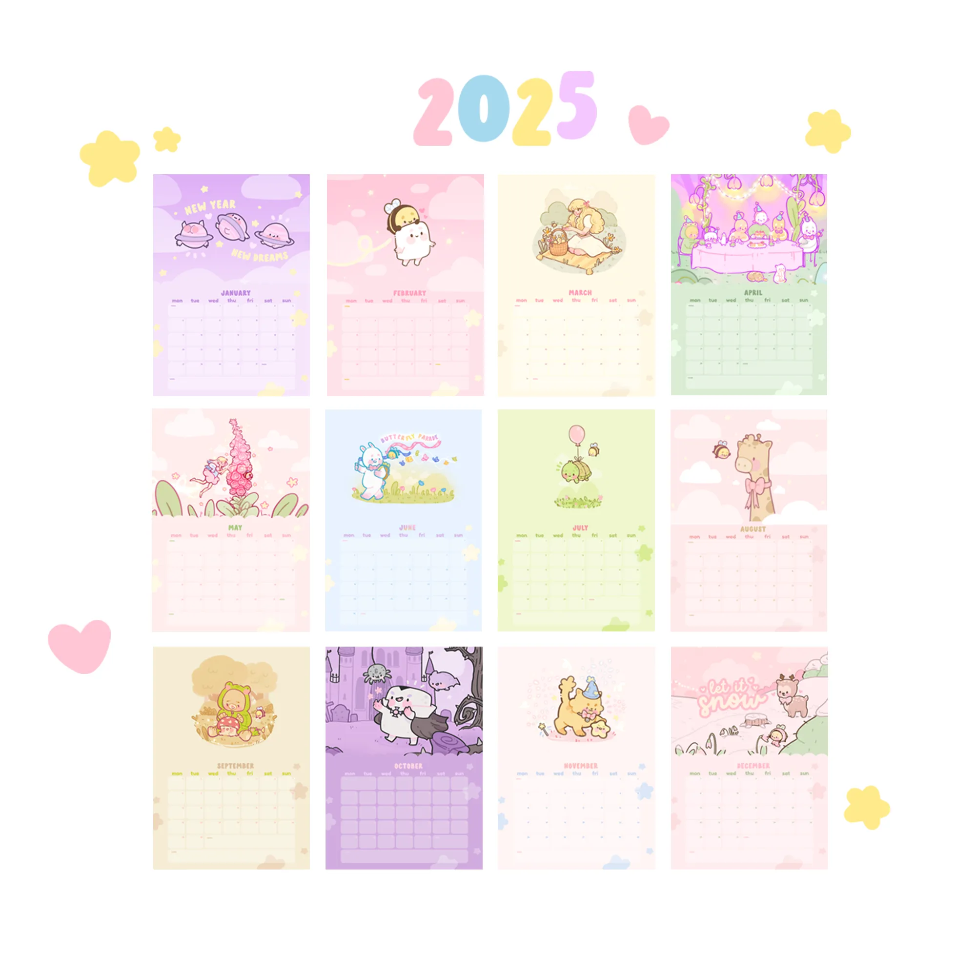 2025 Kawaii Katnipp Wall Calendar | A4 Prints with Cute Characters & Bonus Wall Decal | Pastel Desk or Wall Planner
