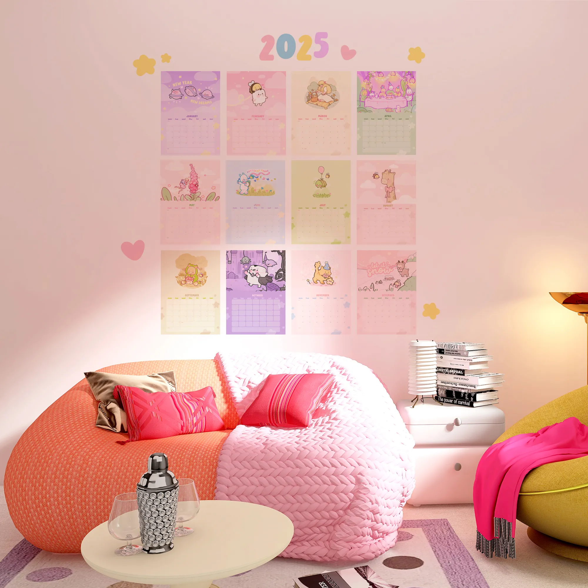 2025 Kawaii Katnipp Wall Calendar | A4 Prints with Cute Characters & Bonus Wall Decal | Pastel Desk or Wall Planner
