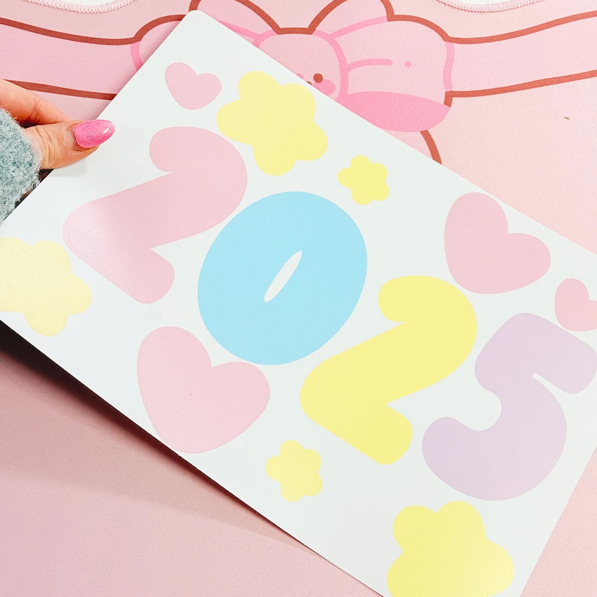2025 Pastel Kawaii Removable Wall Sticker | A4 Year Decal with Hearts & Stars | Cute Goal Setting Decoration for Bedroom Walls