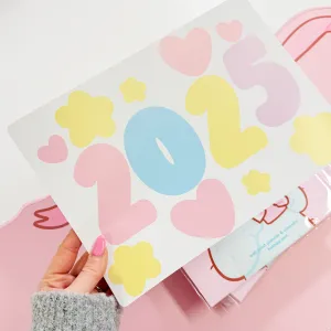 2025 Pastel Kawaii Removable Wall Sticker | A4 Year Decal with Hearts & Stars | Cute Goal Setting Decoration for Bedroom Walls